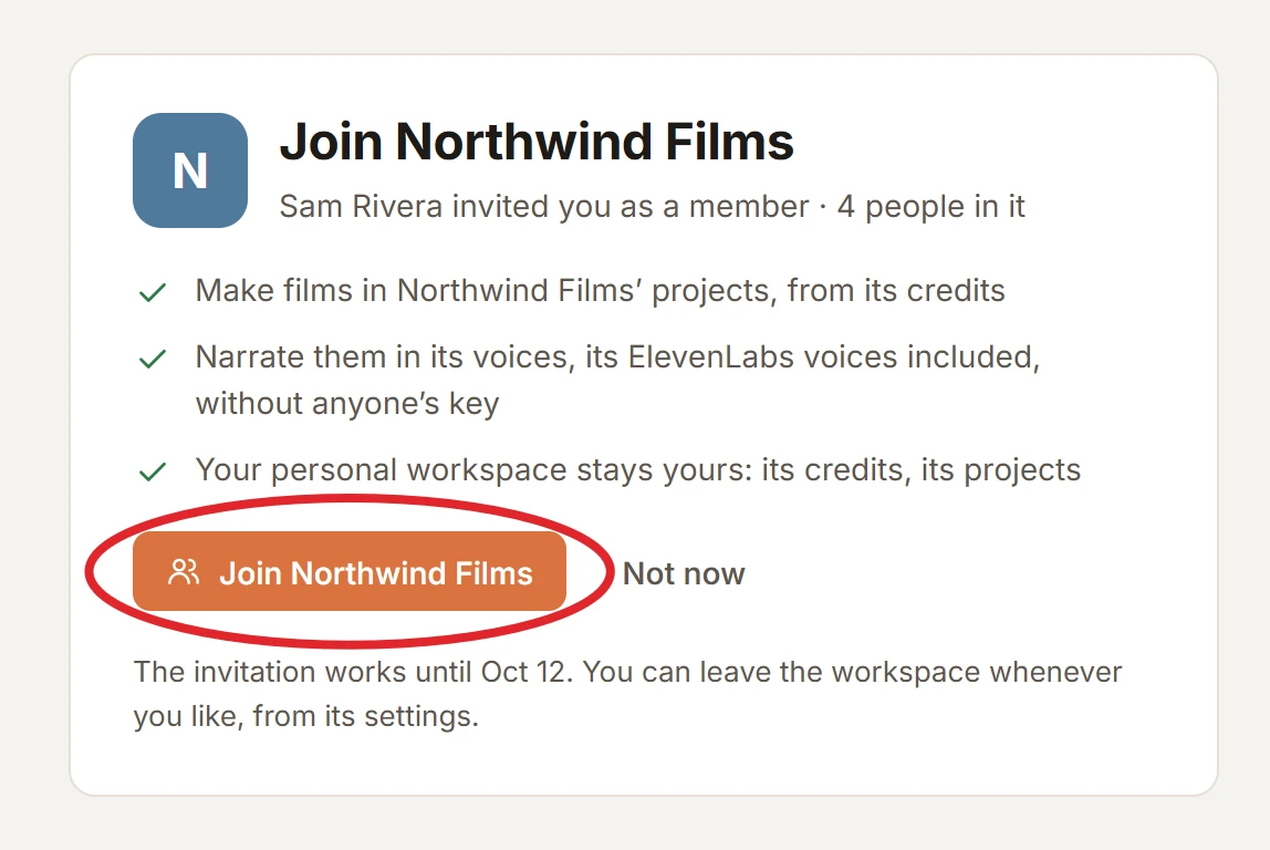 An invitation to Northwind Films: who sent it, the role, how many people are in it, what joining gives (films from its credits, its voices, a personal workspace that stays yours) and the Join Northwind Films button, circled.