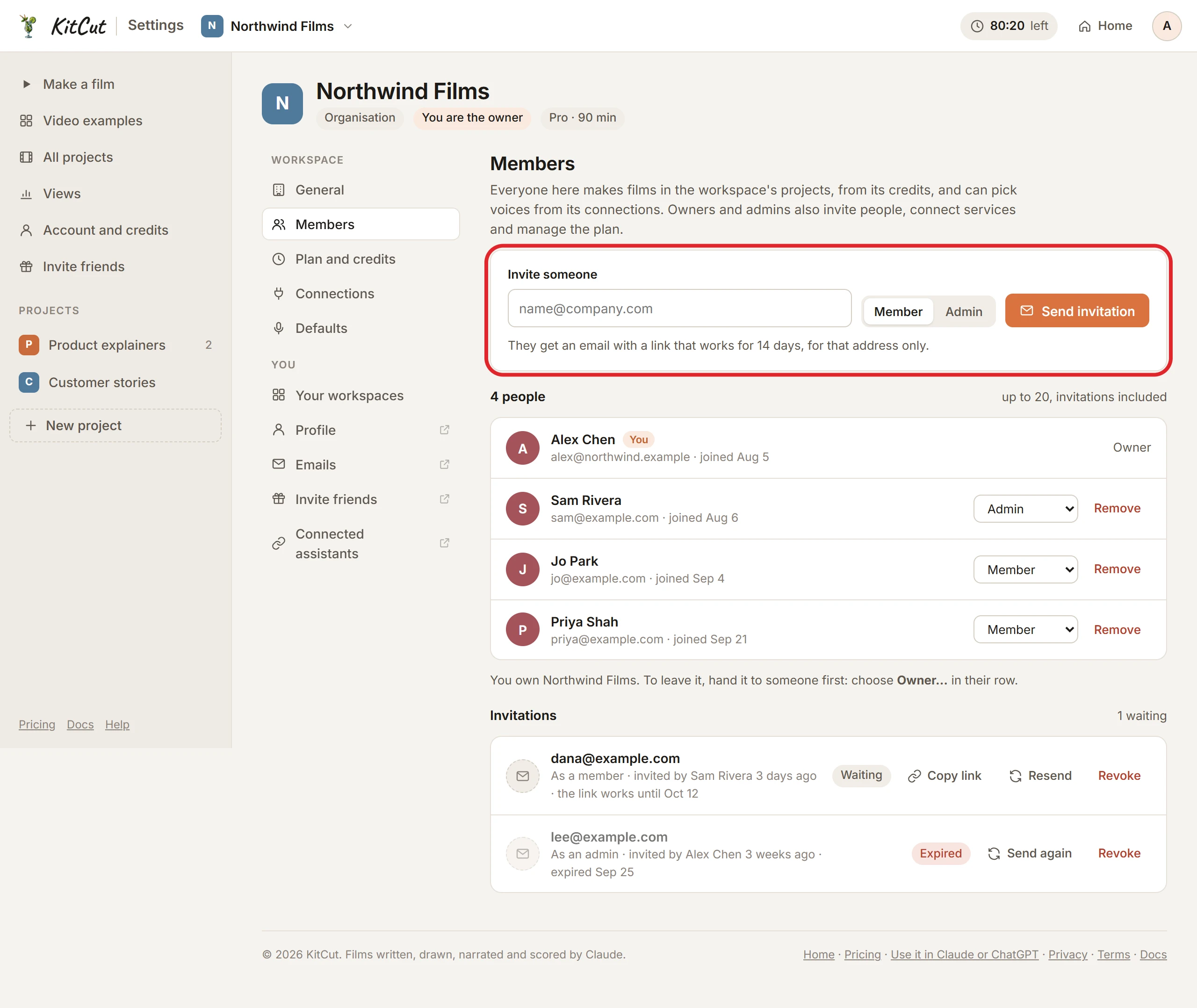 An organisation's Members page as its owner sees it: the invite form with an email field, a Member/Admin choice and Send invitation (circled), then the four people in it, each with a role to choose and Remove, and two invitations: one waiting, with Copy link, Resend and Revoke, and one expired, with Send again.