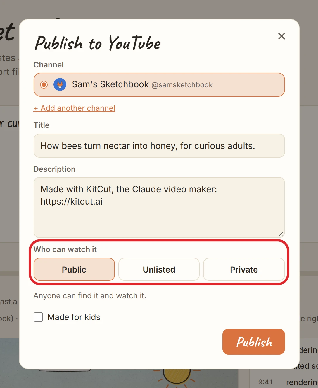 The Publish to YouTube dialog on a film's page: channel choice, title, description, privacy and the made-for-kids box, with a red circle around the privacy options.