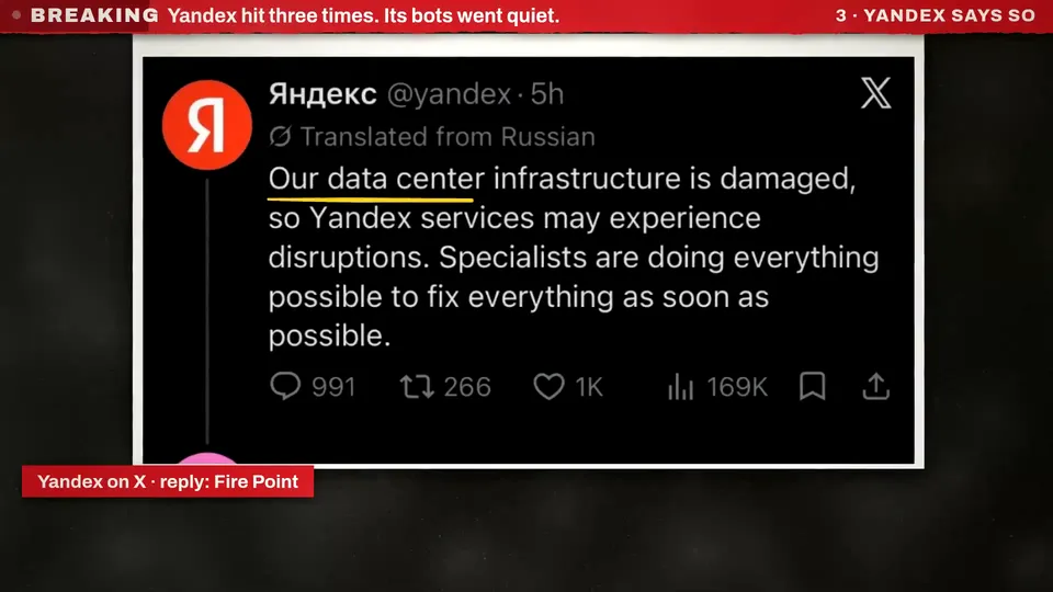 A post in a KitCut video: Yandex on X, translated from Russian, saying its data centre infrastructure is damaged, with its replies, reposts, likes and views