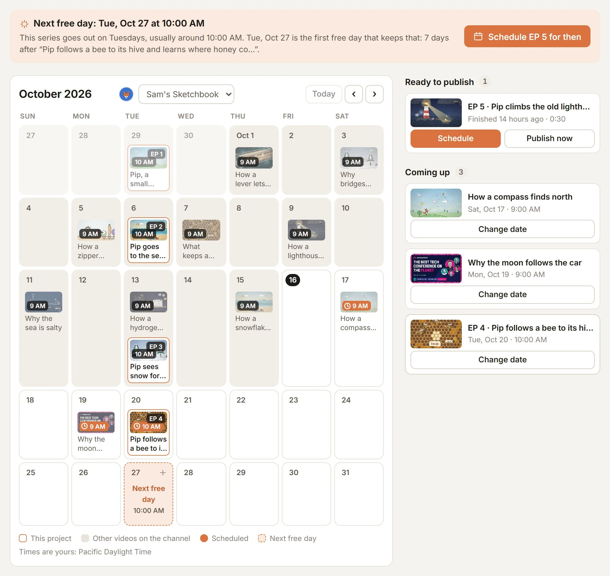 A channel's calendar for October with episodes scheduled at 9 and 10 AM and the next free day suggested